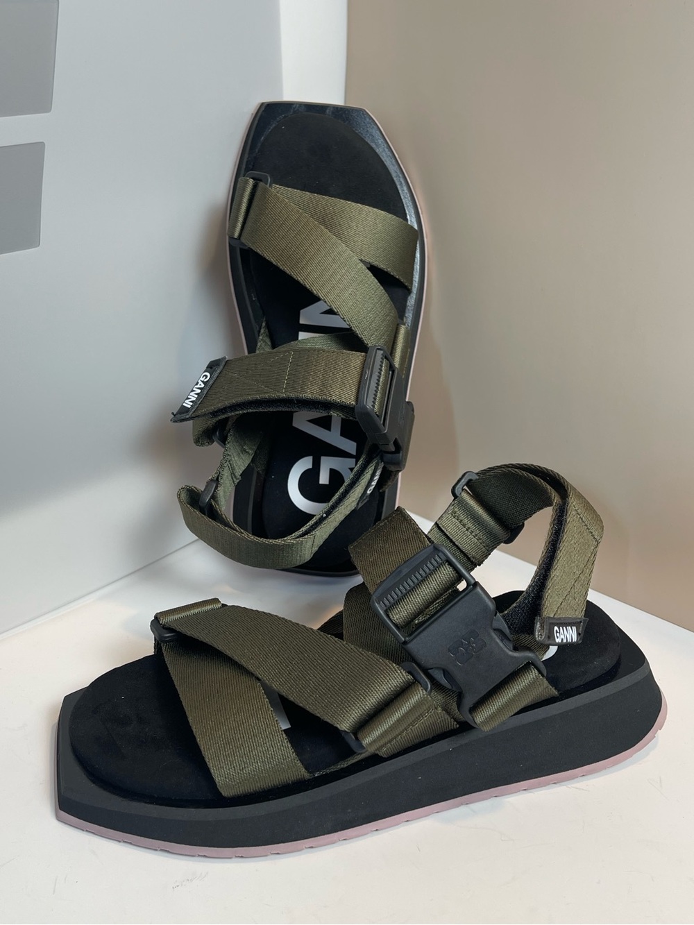 GANNI Grosgrain Green Olive Performance Webbing Platform Buckle Sport Sandals 36